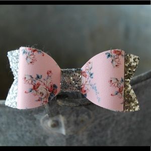 Pink Floral and Silver Glitter Bow